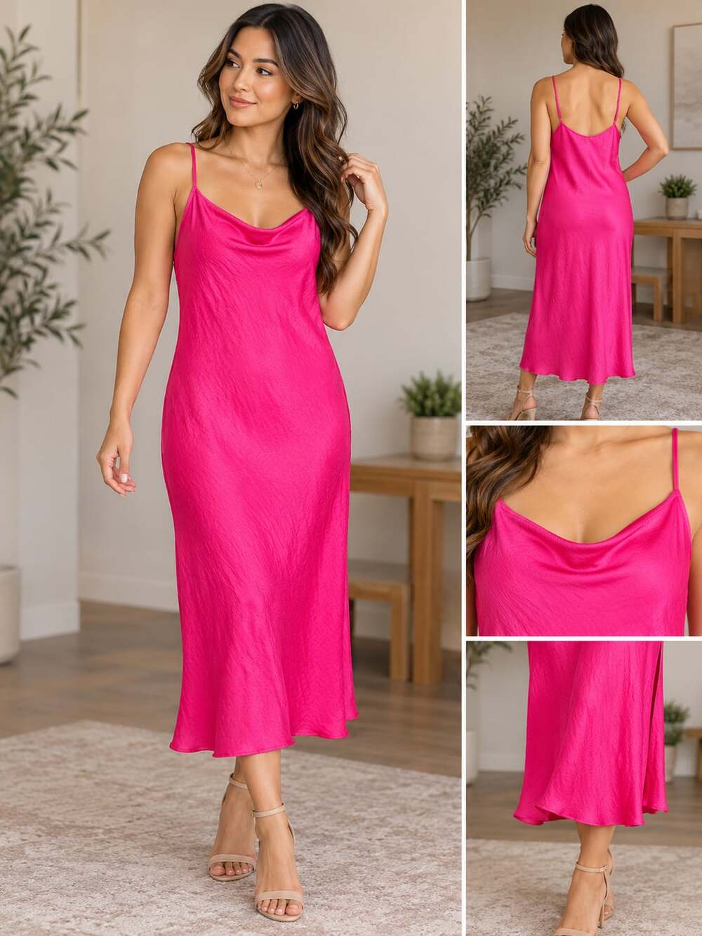 Calvin Klein Jeans Satin Midi Slip Dress Size L Pink Cowl Neck